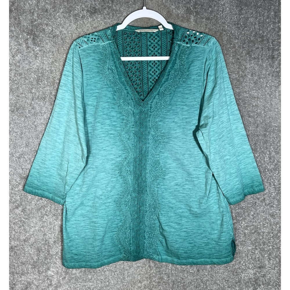 Soft Surroundings Embroidered Crochet Eyelet Top Womens Size XL Green Slub BOHO